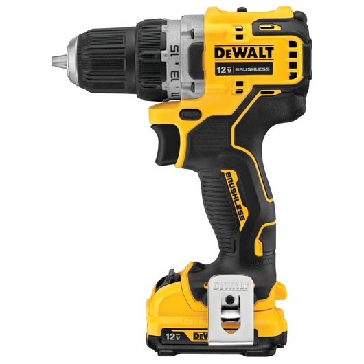 Profile of Brushless cordless drill/driver with battery.