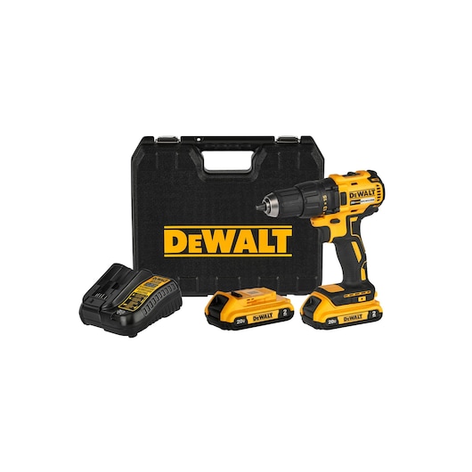 Compact Cordless Drill/Driver with two 20V 2Ah battery, its charger and its Case on white background